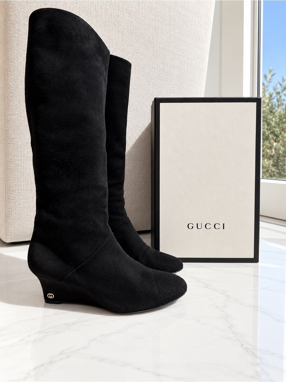 Gucci Black Suede Interlocking GG Knee-High Wedge Boots size 8.5 - Picture 2 of 8